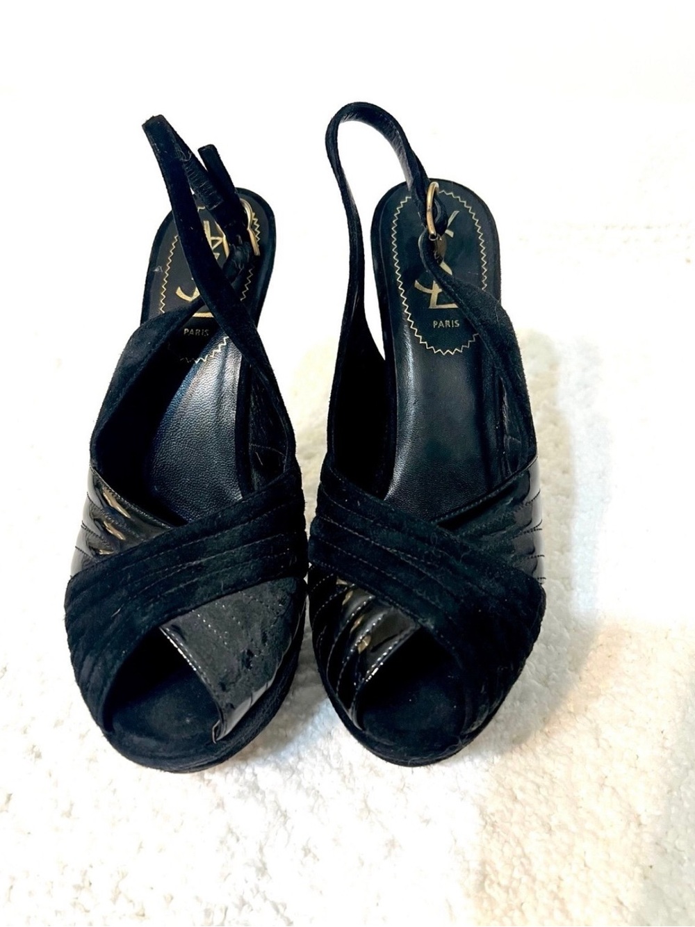 Yves Saint Laurent Black Suede & Leather Crisscross Slingback Heels
